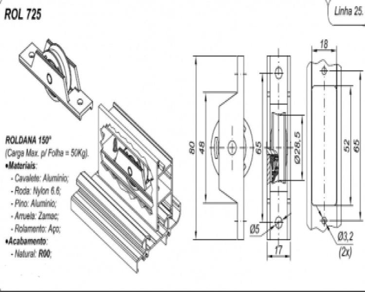 Imagem de ROLDANA LINHA 25 JANELA C/CAV ALUM C/ROL CANAL V 150º ROL725