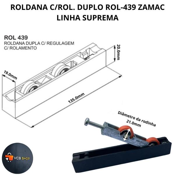 Roldana porta janela aluminio c/rolamento duplo rol-439 zamac kit