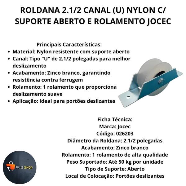 Imagem de Roldana portao 2 1/2 pol nylon canal "u" c/rolamento cavalete zincado jocec