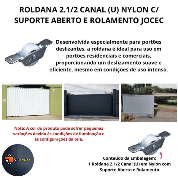 Imagem de Roldana portao 2 1/2 pol nylon canal "u" c/rolamento cavalete zincado jocec