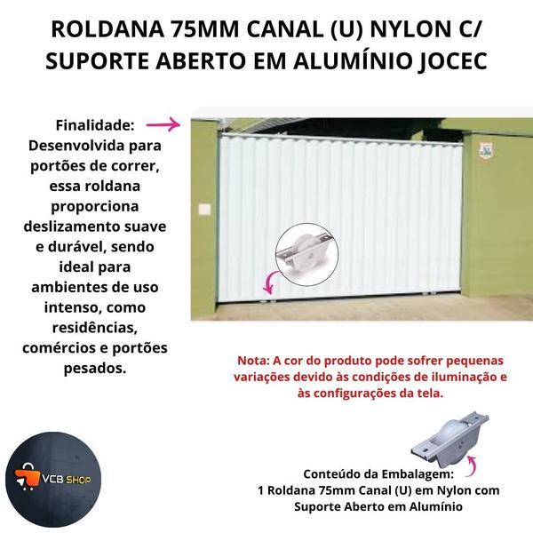 Imagem de Roldana portao 75mm nylon canal em "u" cavalete aluminio jocec