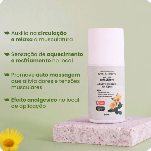 Imagem de Roll On Extra Forte Arnica e Unha de Gato 90ml Alivia Dor Tensão Muscular Bom Médico Abelha Rainha REF 3548