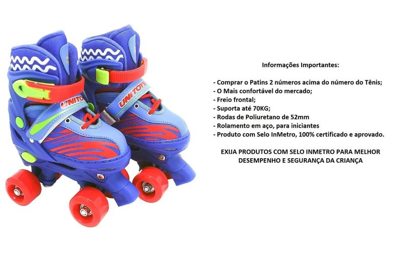 Imagem de Roller Patins Infantil Azul Quad 4 Rodas Kit Proteção 34-37 - UNITOYS