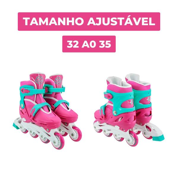 Imagem de Roller Patins Inline Rosa Ajustável 33-37  Kit de Proteção