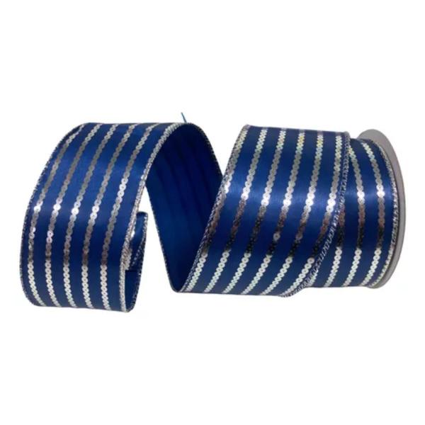 Imagem de Rolo De Fita Natalina Azul E Prata Para Laços Aramada 63mm