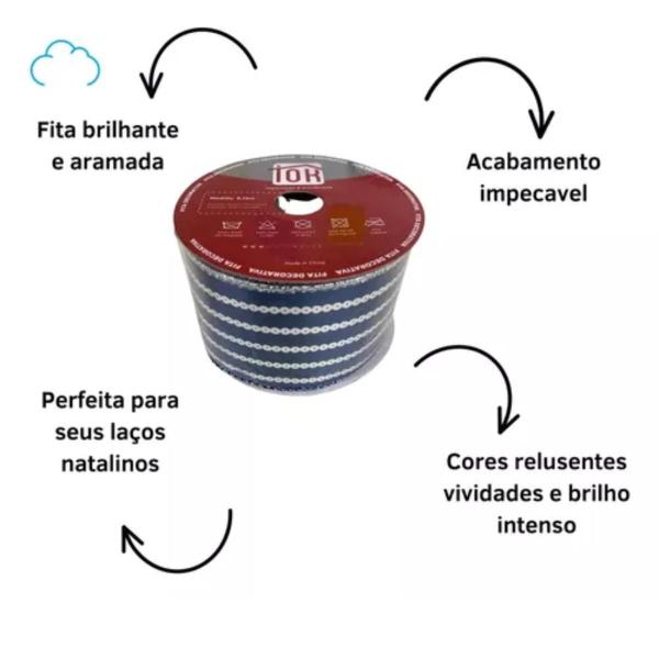 Imagem de Rolo De Fita Natalina Azul E Prata Para Laços Aramada 63mm