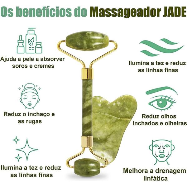 Imagem de Rolo de jade para rosto, conjunto de pedras faciais naturais de jade, massageador de pele com ferramentas de raspagem Gu