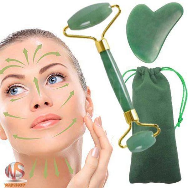 Imagem de Rolo Massageador Pedra Aventurina Quartzo Verde + Placa Gua Sha - Wapshop