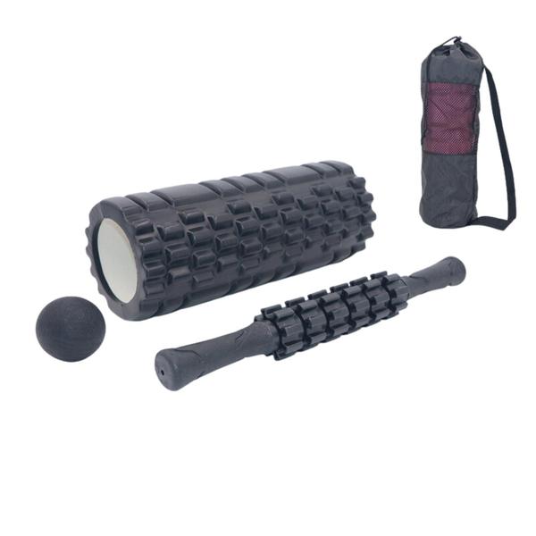 Imagem de Rolo massagem liberação miofascial 5x1 foam roller com bastão massagem e bola lacrosse e mini band com bolsa pra carregar