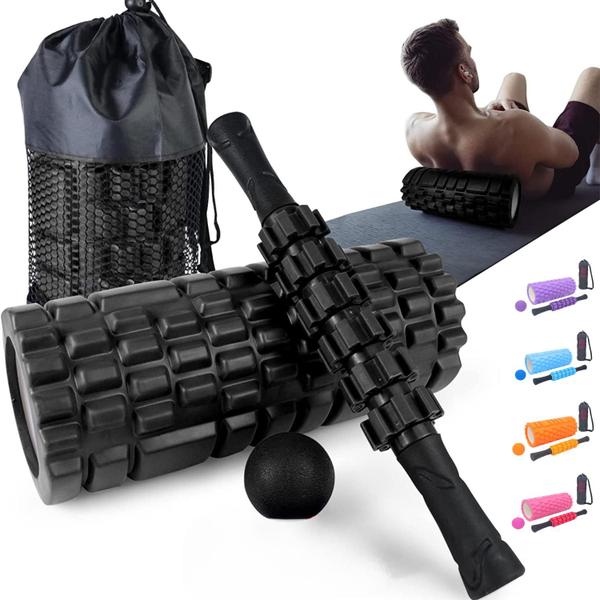 Imagem de Rolo massagem liberação miofascial 5x1 foam roller com bastão massagem e bola lacrosse e mini band com bolsa pra carregar