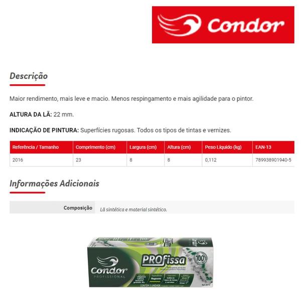 Rolo Profissa 23cm Condor de Lã Sintético Imagem de Rolo Profissa 23cm Condor de Lã Sintético