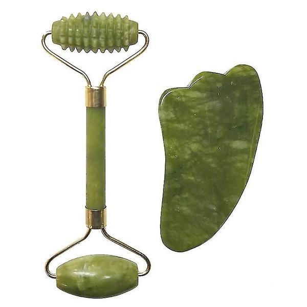 Imagem de Rolos de rodas ab rolo de jade natural massageador facial conjunto de pedra real ferramenta guasha