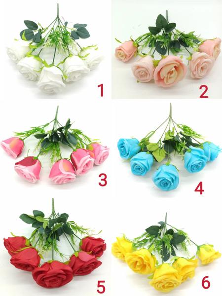 Imagem de Rosa Artificial Buque Com 5 Flores Azul Tiffany Vermelho Salmão Branco Rosa para Decoração
