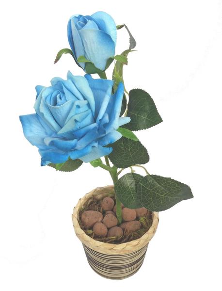Imagem de Rosa Azul Arranjo Flor Artificial Com Vaso Redondo Marrom E Bege Com Listras - FLORDECORAR