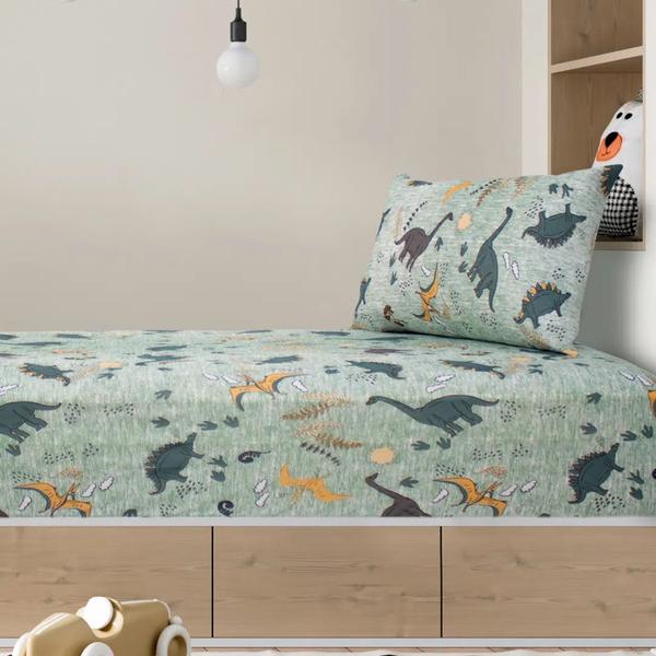 Imagem de Roupa Cama Infantil Dinossauros C/ Elástico Algodão Solteiro 2 Pçs Dino Selva