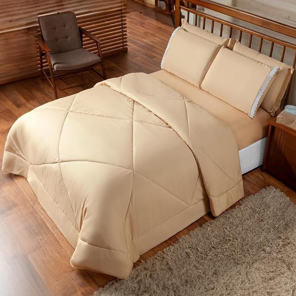 Imagem de Roupa de Cama Casal Queen com Lençol Dupla Face Elástico 6 Peças Colcha Cobre Leito Premium Completo