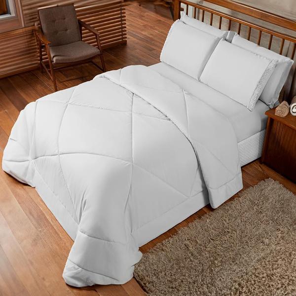 Imagem de Roupa de Cama Casal Queen com Lençol Dupla Face Elástico 6 Peças Colcha Cobre Leito Premium Completo