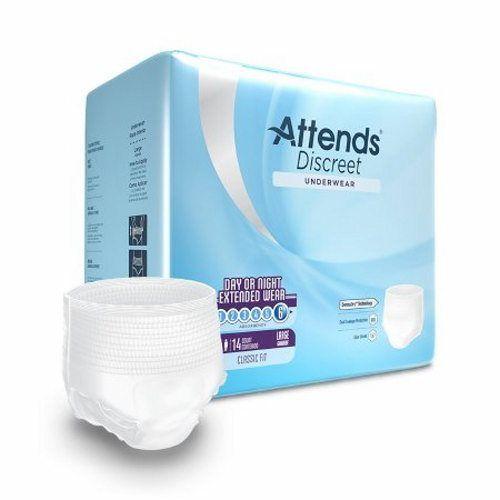 Imagem de Roupa íntima absorvente unissex para adultos atende a puxar discretamente com costuras rasgáveis Grande descartável Hea 14 sacos da Attends (pacote com 2)