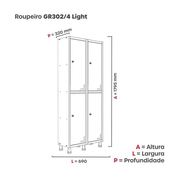 Imagem de Roupeiro Aco Light 2v 04 Portas Gr302/4pri Cinza/Preto