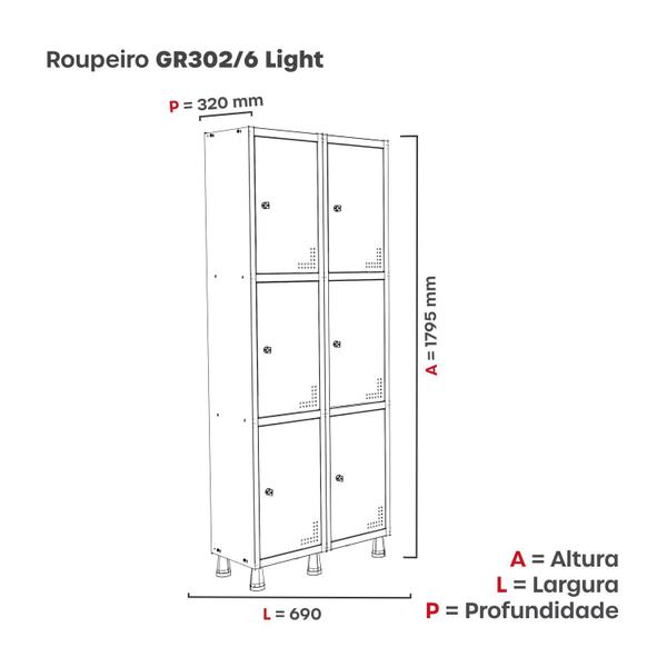 Imagem de Roupeiro Aço Light 2v 06 Portas Gr302/6