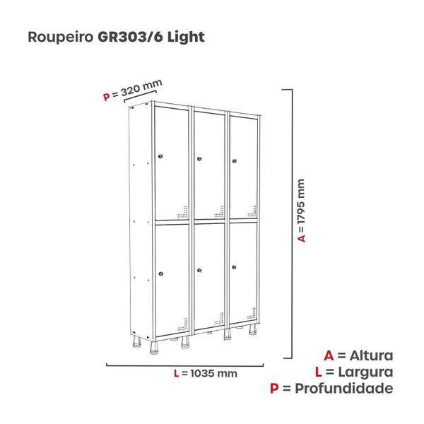 Imagem de Roupeiro Aco Light 3v 06 Portas Gr303/6pri Cinza/Branco