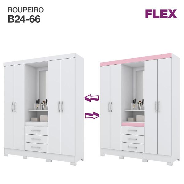 Imagem de Roupeiro Casal Com 4 Portas 3 Gavetas Com Espelho B24 Flex Branco / Rosa Chá - Briz Móveis