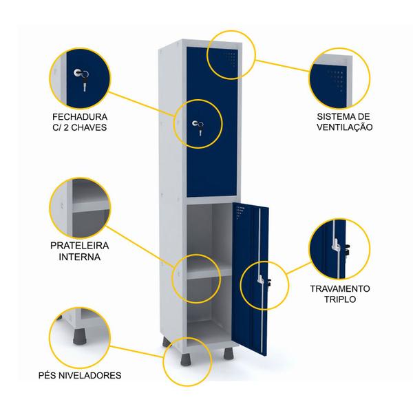 Imagem de Roupeiro de aço 1m 02 portas c/ prat. fechadura pandin - cinza/azul del rey