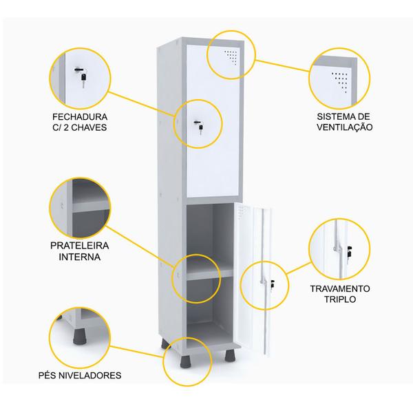 Imagem de Roupeiro de aço 1m 02 portas c/ prat. fechadura pandin - cinza/branco