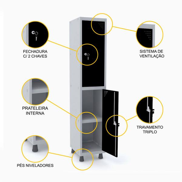 Imagem de Roupeiro de aço 1m 02 portas c/ prat. fechadura pandin - cinza/preto