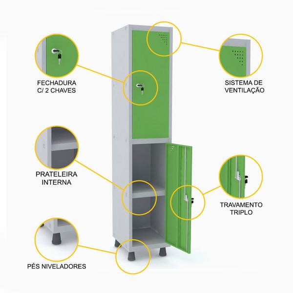 Imagem de Roupeiro de aço 1m 02 portas c/ prat. fechadura pandin - cinza/verde