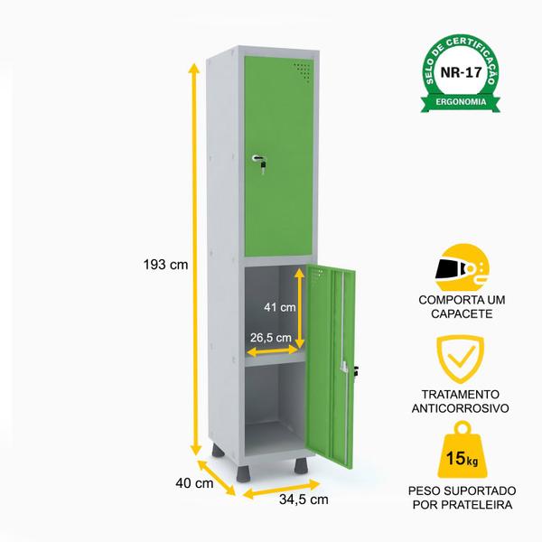 Imagem de Roupeiro de aço 1m 02 portas c/ prat. fechadura pandin - cinza/verde