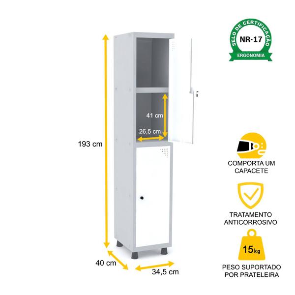 Imagem de Roupeiro de aço 1m 02 portas c/ prat. pitão pandin - cinza/branco