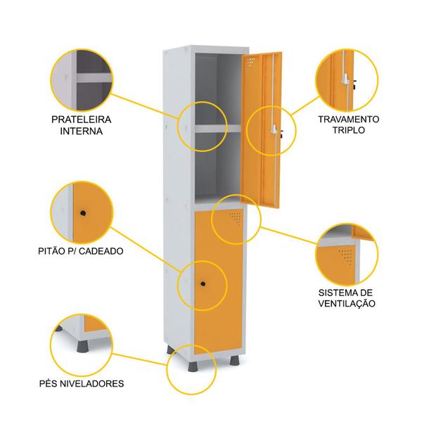Imagem de Roupeiro de aço 1m 02 portas c/ prat. pitão pandin - cinza/laranja