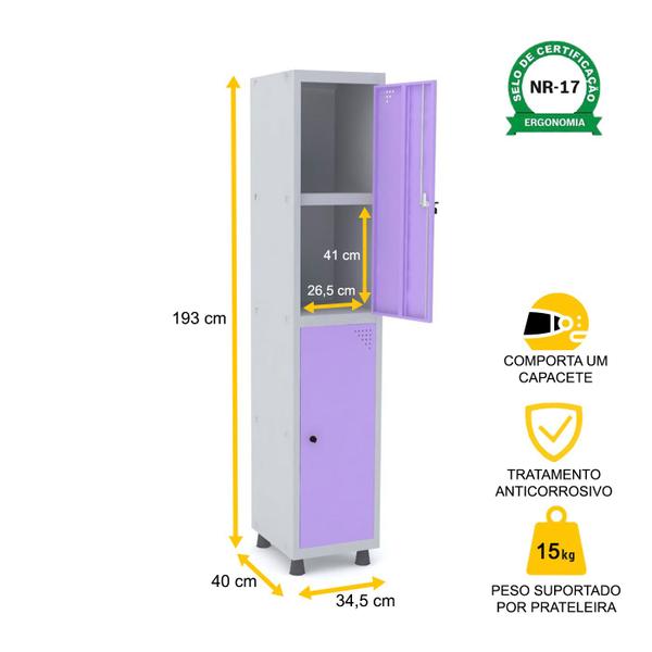 Imagem de Roupeiro de aço 1m 02 portas c/ prat. pitão pandin - cinza/lilás