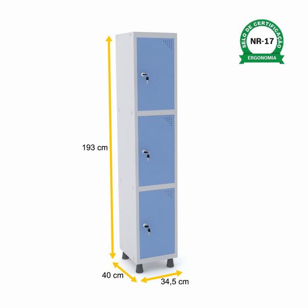 Imagem de Roupeiro de aço 1m 03 portas fechadura pandin - cinza/azul dalí