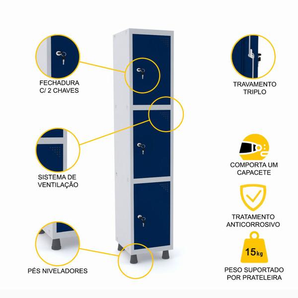 Imagem de Roupeiro de aço 1m 03 portas fechadura pandin - cinza/azul del rey