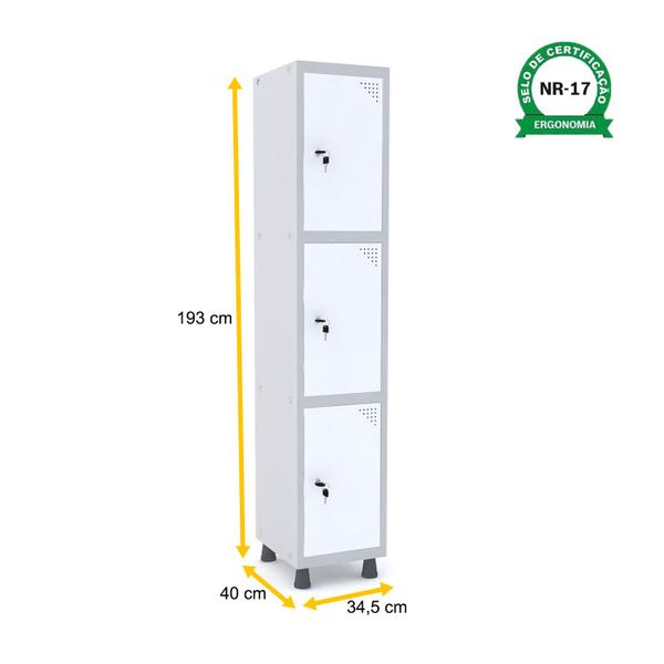 Imagem de Roupeiro de aço 1m 03 portas fechadura pandin - cinza/branco