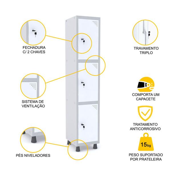 Imagem de Roupeiro de aço 1m 03 portas fechadura pandin - cinza/branco