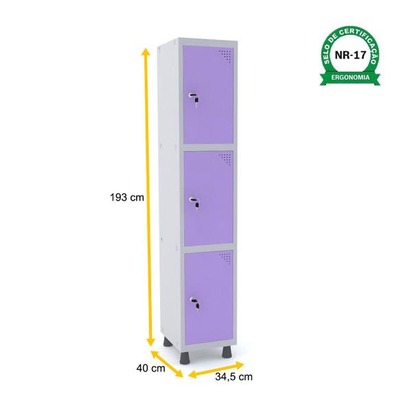 Imagem de Roupeiro de aço 1m 03 portas fechadura pandin - cinza/lilás