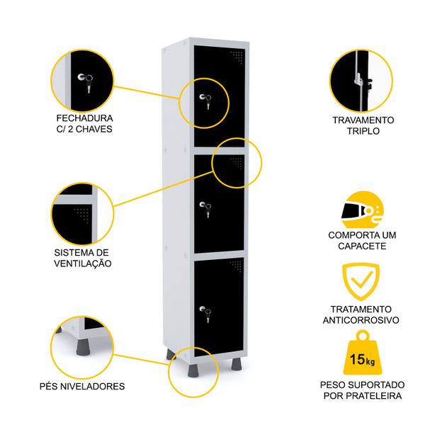 Imagem de Roupeiro de aço 1m 03 portas fechadura pandin - cinza/preto