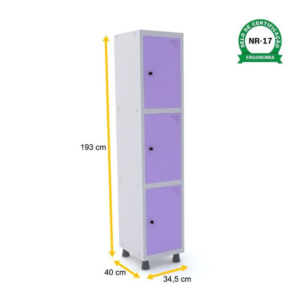 Imagem de Roupeiro de aço 1m 03 portas pitão pandin - cinza/lilás