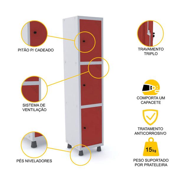 Imagem de Roupeiro de aço 1m 03 portas pitão pandin - cinza/vermelho