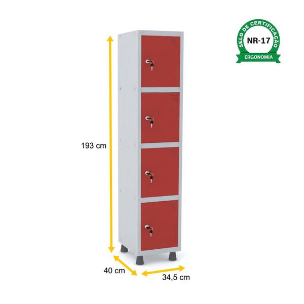 Imagem de Roupeiro de aço 1m 04 portas fechadura pandin - cinza/vermelho