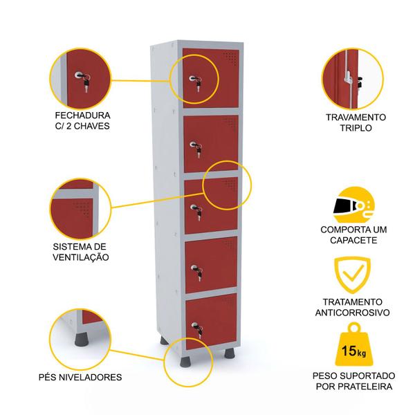 Imagem de Roupeiro de aço 1m 05 portas fechadura pandin - cinza/vermelho