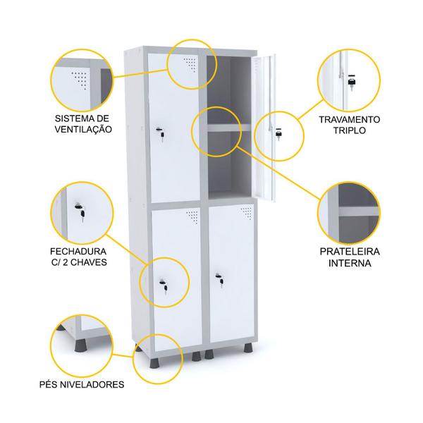 Imagem de Roupeiro de aço 2m 04 portas c/ prat. fechadura pandin - cinza/branco