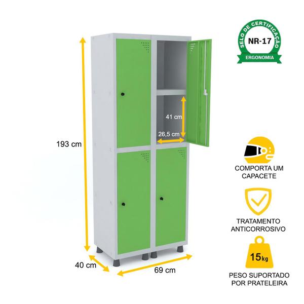 Imagem de Roupeiro de aço 2m 04 portas c/ prat. pitão pandin - cinza/verde