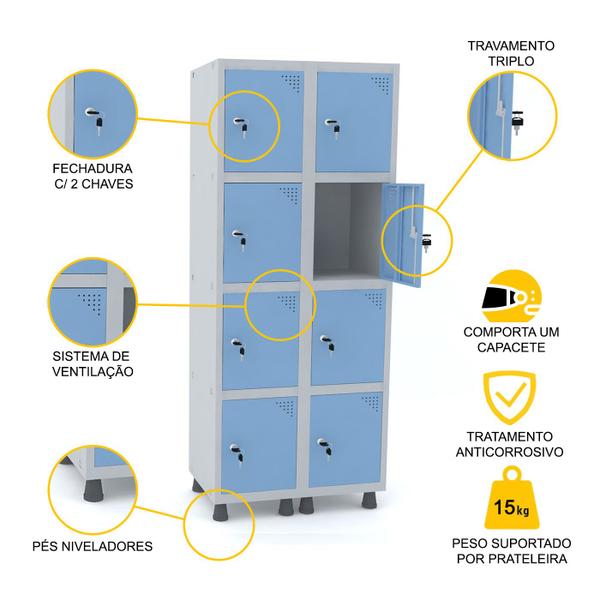 Imagem de Roupeiro de aço 2m 08 portas fechadura pandin - cinza/azul dalí