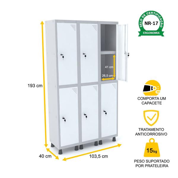 Imagem de Roupeiro de aço 3m 06 portas c/ prat. fechadura pandin - cinza/branco