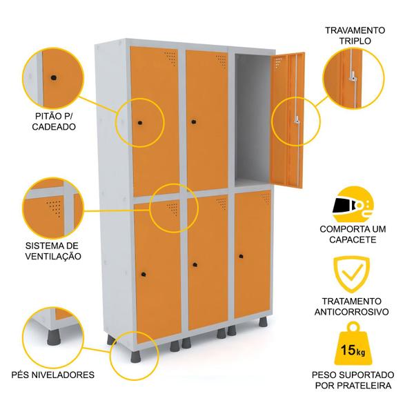 Imagem de Roupeiro de aço 3m 06 portas pitão pandin - cinza/laranja