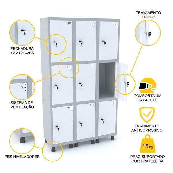 Imagem de Roupeiro de aço 3m 09 portas fechadura pandin - cinza/branco